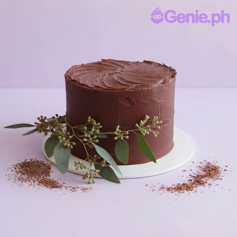 Rich brown 1-tier chocolate frosted cake with soft icing and eucalyptus Rich brown 1-tier chocolate frosted cake with soft icing and eucalyptus