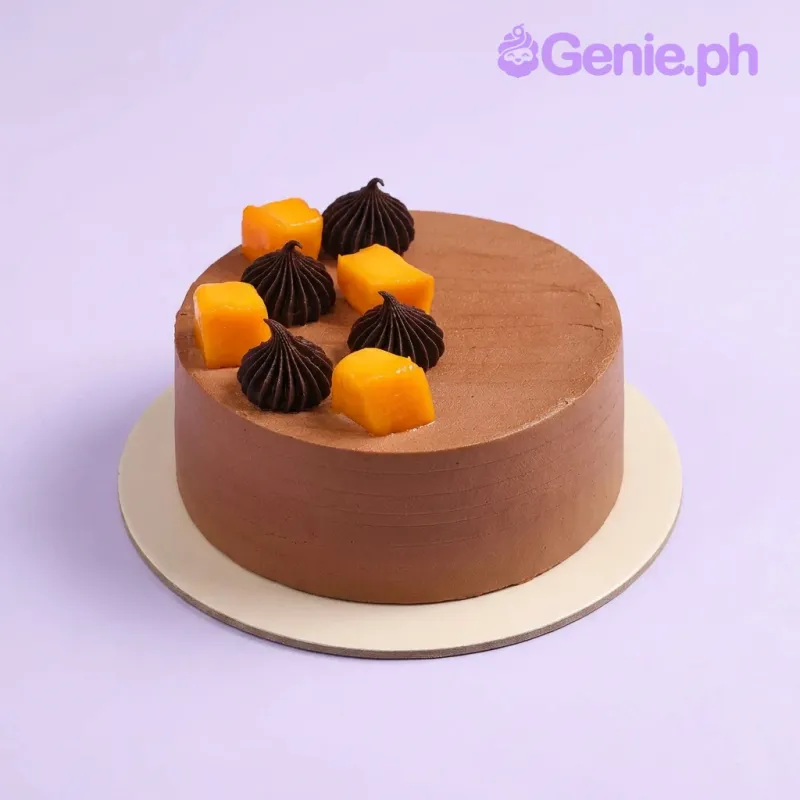 Chocolate cake with soft icing, topped with fresh mango cubes and piped chocolate icing swirls Chocolate cake with soft icing, topped with fresh mango cubes and piped chocolate icing swirls