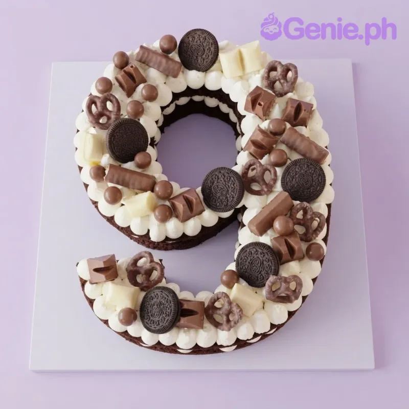 Chocolate number 9 cake with white icing dollops, oreo cookies, and assorted chocolates Chocolate number 9 cake with white icing dollops, oreo cookies, and assorted chocolates