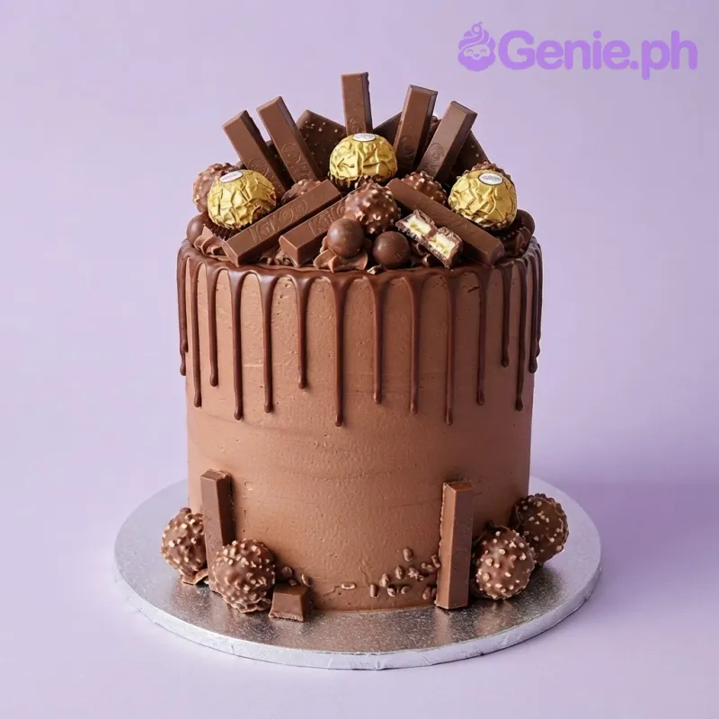 Rich brown 1-tier chocolate overload cake with smooth soft icing, a chocolate drip, and Ferrero Rocher chocolates Rich brown 1-tier chocolate overload cake with smooth soft icing, a chocolate drip, and Ferrero Rocher chocolates