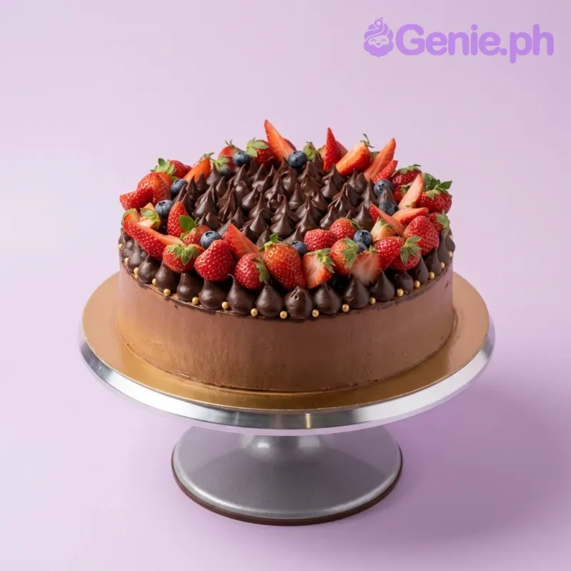 A chocolate brown 1-tier cake themed around Chocolate Strawberry, topped with strawberries, blueberries, ganache dollops, and gold beads. A chocolate brown 1-tier cake themed around Chocolate Strawberry, topped with strawberries, blueberries, ganache dollops, and gold beads.