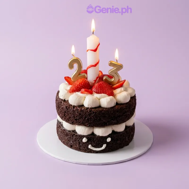 Chocolate 1-tier cake with fresh strawberries, number candles, and a piped smiley face Chocolate 1-tier cake with fresh strawberries, number candles, and a piped smiley face