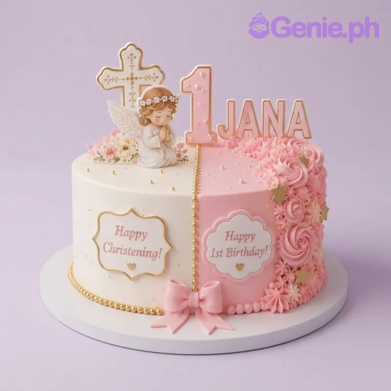 White and pink half-and-half round cake with an angel printout, number candle, and floral decorations White and pink half-and-half round cake with an angel printout, number candle, and floral decorations