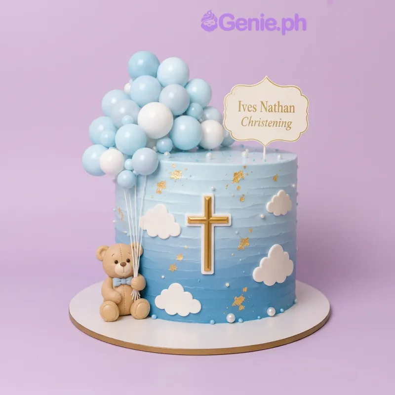 Light blue gradient 1-tier cake with a teddy bear, balloon cluster, gold cross, and clouds for a christening Light blue gradient 1-tier cake with a teddy bear, balloon cluster, gold cross, and clouds for a christening