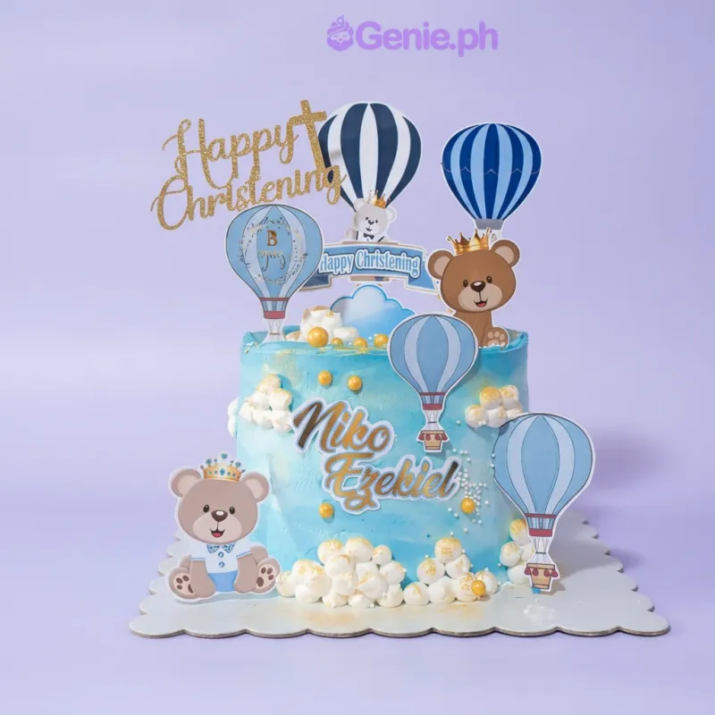 Sky blue 1-tier cake with soft icing, bear and hot air balloon printouts, and gold glitter christening topper Sky blue 1-tier cake with soft icing, bear and hot air balloon printouts, and gold glitter christening topper