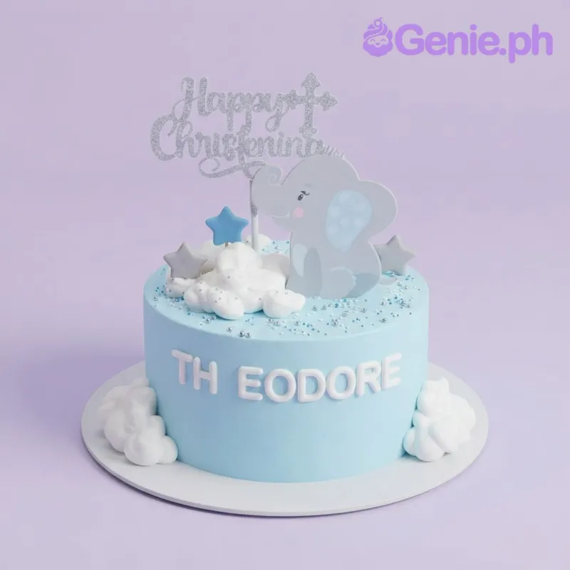 Light blue 1-tier christening cake with smooth soft icing, an elephant printout, and a silver glitter topper Light blue 1-tier christening cake with smooth soft icing, an elephant printout, and a silver glitter topper