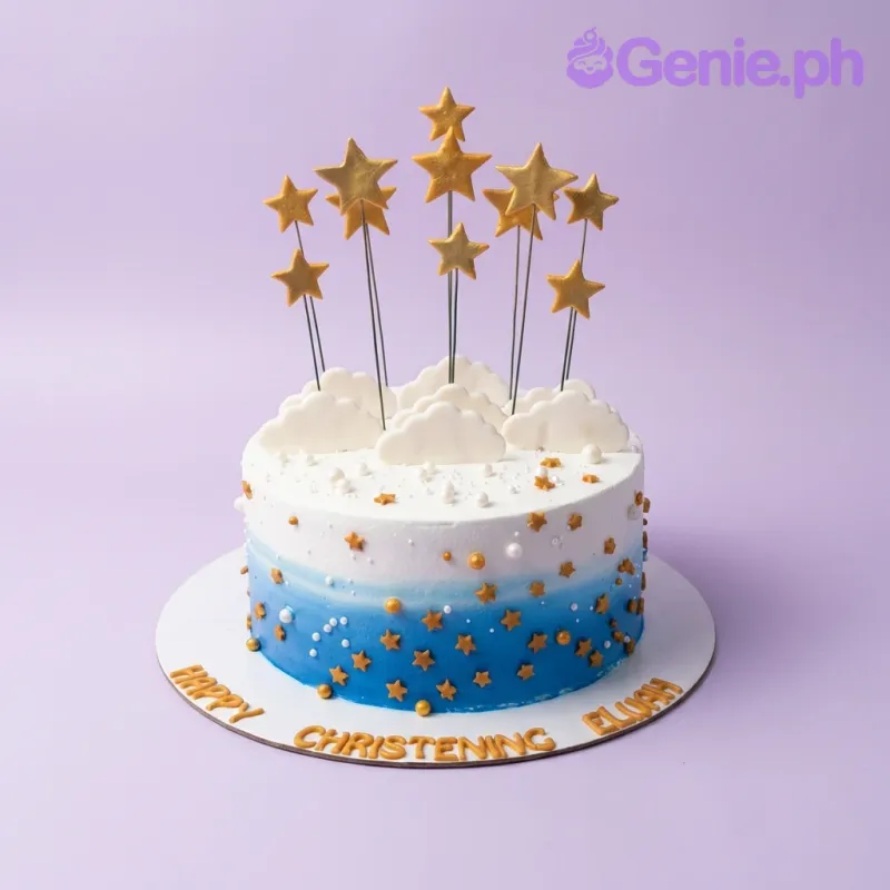Blue and white gradient christening cake with gold stars and white fondant clouds Blue and white gradient christening cake with gold stars and white fondant clouds
