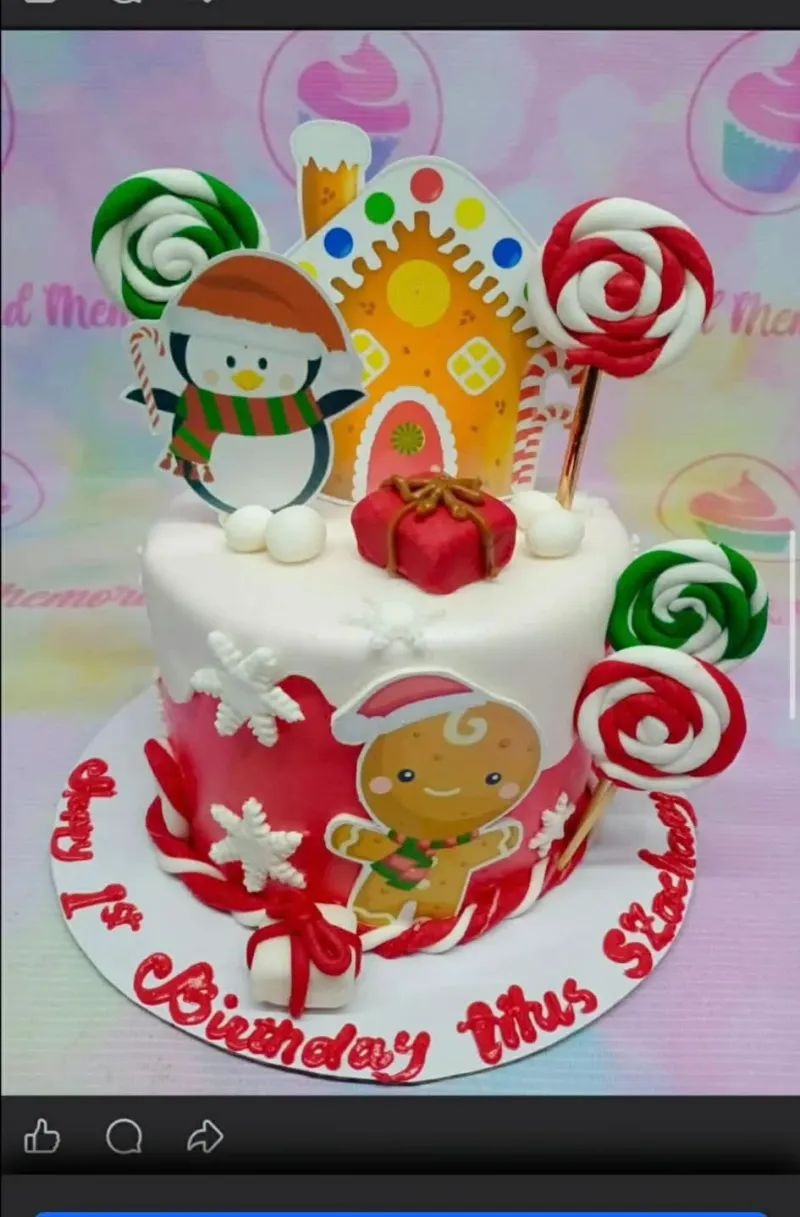 Christmas Gingerbread 1 Tier - white, red, green theme with Gingerbread house and Gingerbread man on the side of the cake Christmas Gingerbread 1 Tier - white, red, green theme with Gingerbread house and Gingerbread man on the side of the cake