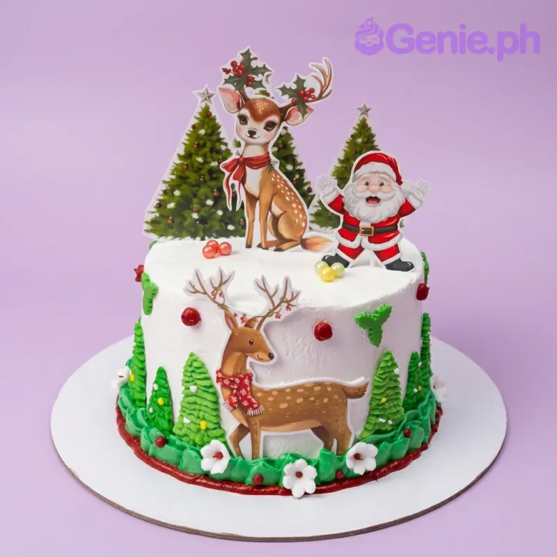 White 1-tier cake with soft icing, Christmas reindeer and Santa printouts, piped green trees, and red sugar pearl accents White 1-tier cake with soft icing, Christmas reindeer and Santa printouts, piped green trees, and red sugar pearl accents