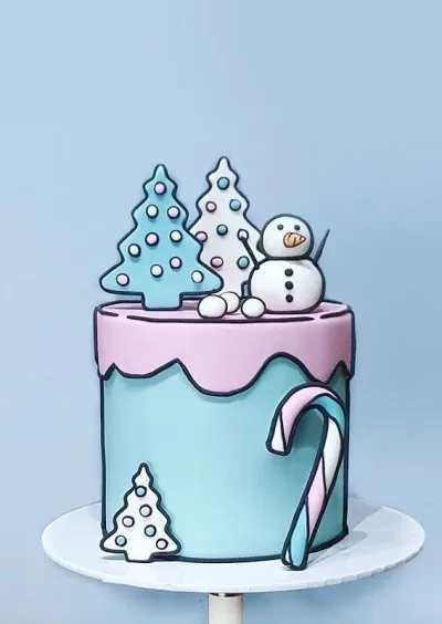 2D cartoon style Christmas cake with light blue and pink fondant, featuring a snowman, Christmas trees, and a candy cane. 2D cartoon style Christmas cake with light blue and pink fondant, featuring a snowman, Christmas trees, and a candy cane.