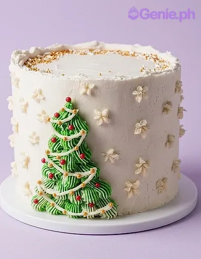 Christmas tree 1 Tier - white, gold, red theme with Christmas tree with red balls and gold beads and small piped flowers Christmas tree 1 Tier - white, gold, red theme with Christmas tree with red balls and gold beads and small piped flowers