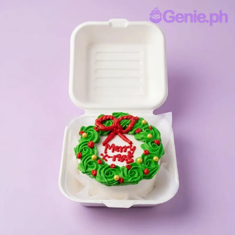 A white, green, and red Bento cake themed Christmas Wreath, featuring a green icing wreath, red bow, and 'Merry X-mas' message. A white, green, and red Bento cake themed Christmas Wreath, featuring a green icing wreath, red bow, and 'Merry X-mas' message.