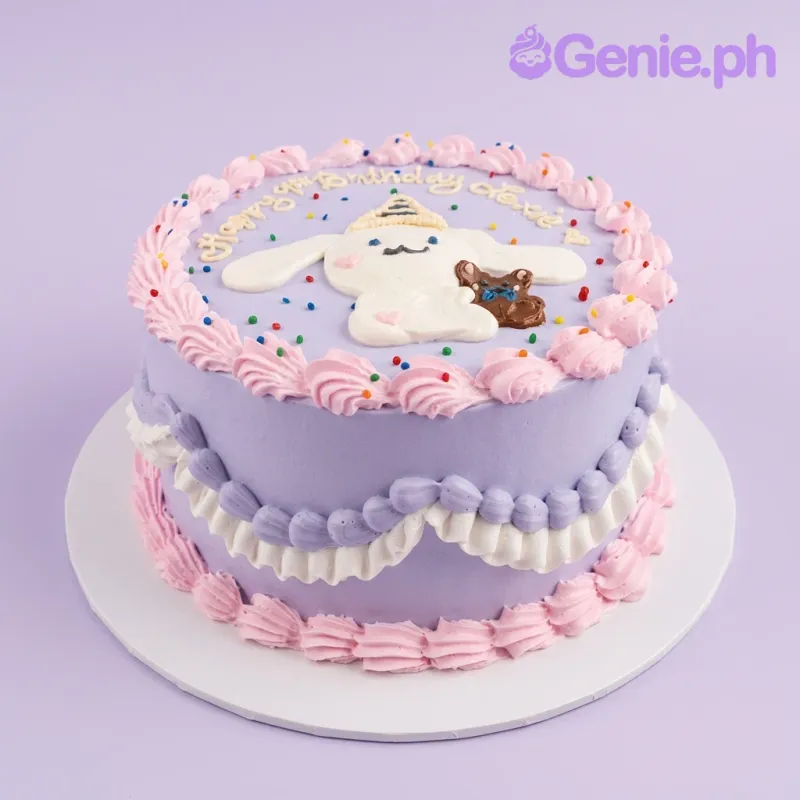 Purple Cinnamoroll birthday cake with pink icing rosettes, white and purple ruffles, and a fondant Cinnamoroll character topper. Purple Cinnamoroll birthday cake with pink icing rosettes, white and purple ruffles, and a fondant Cinnamoroll character topper.