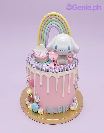 Pink 1-tier cake with white drip, rainbow topper, and Cinnamoroll character figure Pink 1-tier cake with white drip, rainbow topper, and Cinnamoroll character figure