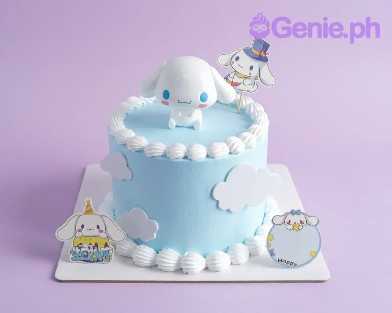 A light blue 1-Tier Cinnamoroll cake with a 3D Cinnamoroll figure, character printouts, white icing rosettes, and fondant clouds. A light blue 1-Tier Cinnamoroll cake with a 3D Cinnamoroll figure, character printouts, white icing rosettes, and fondant clouds.