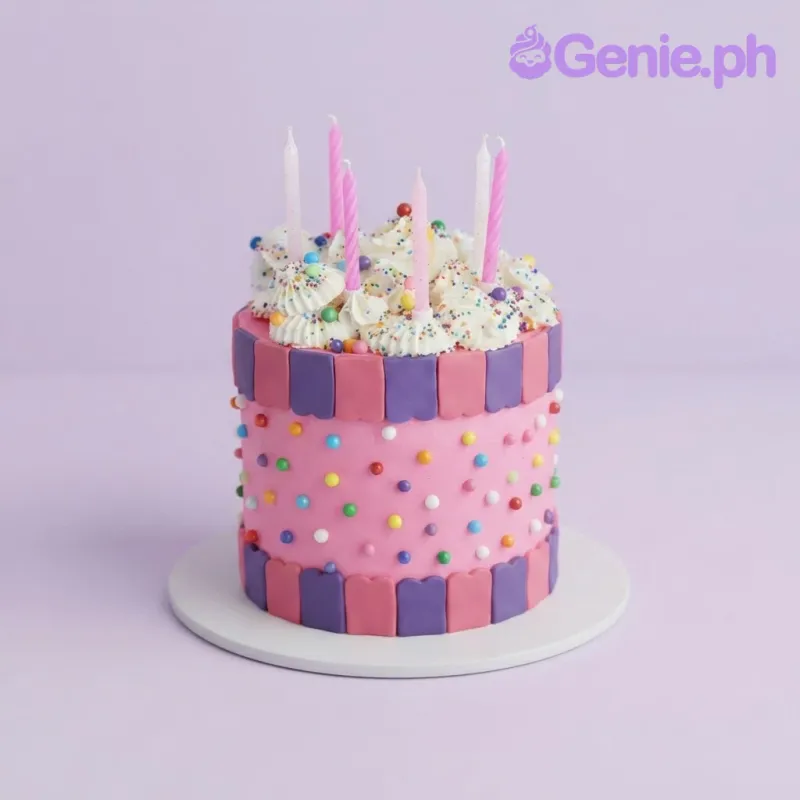 Hot pink 1-tier fondant circus animal cake with piped white rosettes, colorful sprinkles, and tall pink candles Hot pink 1-tier fondant circus animal cake with piped white rosettes, colorful sprinkles, and tall pink candles