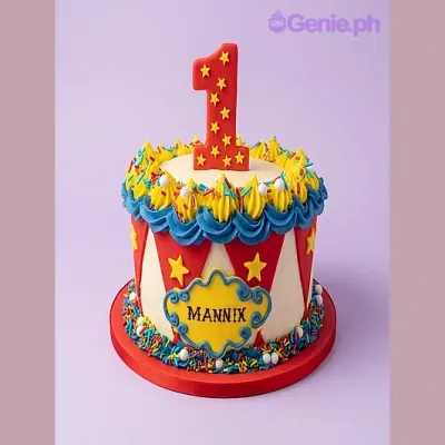 Red and white circus themed 1st birthday cake with a large number one topper and Mannix name plaque Red and white circus themed 1st birthday cake with a large number one topper and Mannix name plaque