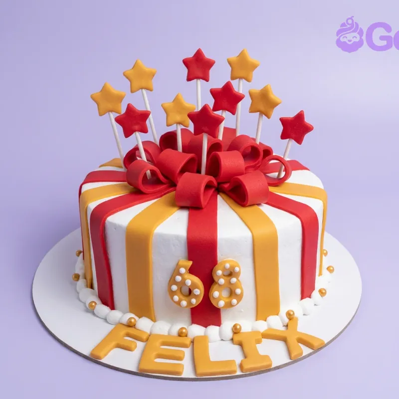 A red and yellow 1-tier Circus cake, featuring a red bow, star toppers, striped sides, and 'FELIX' text. A red and yellow 1-tier Circus cake, featuring a red bow, star toppers, striped sides, and 'FELIX' text.