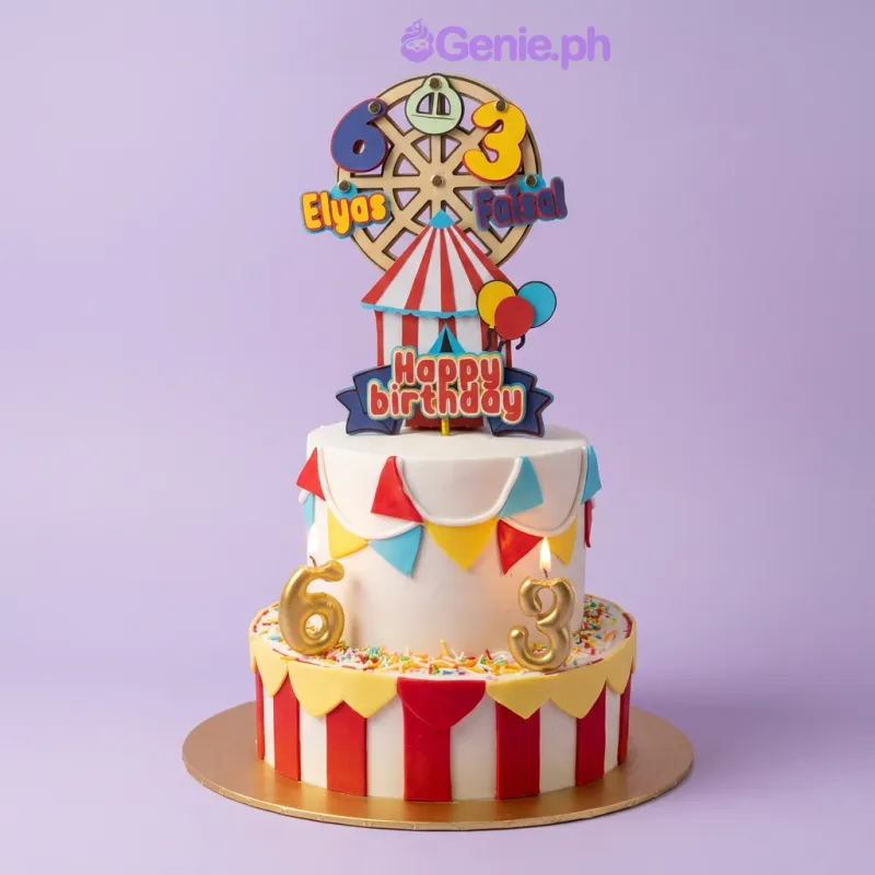 White 1-tier fondant cake with circus-themed printout topper and number candles White 1-tier fondant cake with circus-themed printout topper and number candles