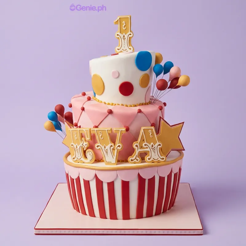 Two-tier circus themed fondant cake with EVA name letters and number one topper Two-tier circus themed fondant cake with EVA name letters and number one topper