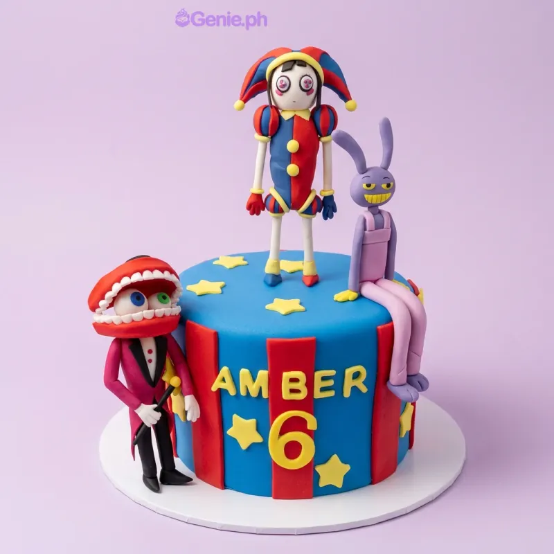 Blue and red circus themed fondant cake with three character figures and yellow star decorations Blue and red circus themed fondant cake with three character figures and yellow star decorations