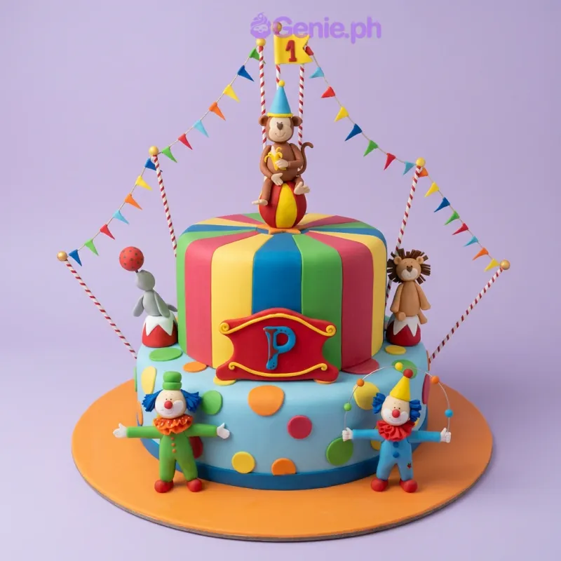 Colorful 2-tier circus themed cake with fondant monkey, lion, seal, and clown figurines Colorful 2-tier circus themed cake with fondant monkey, lion, seal, and clown figurines