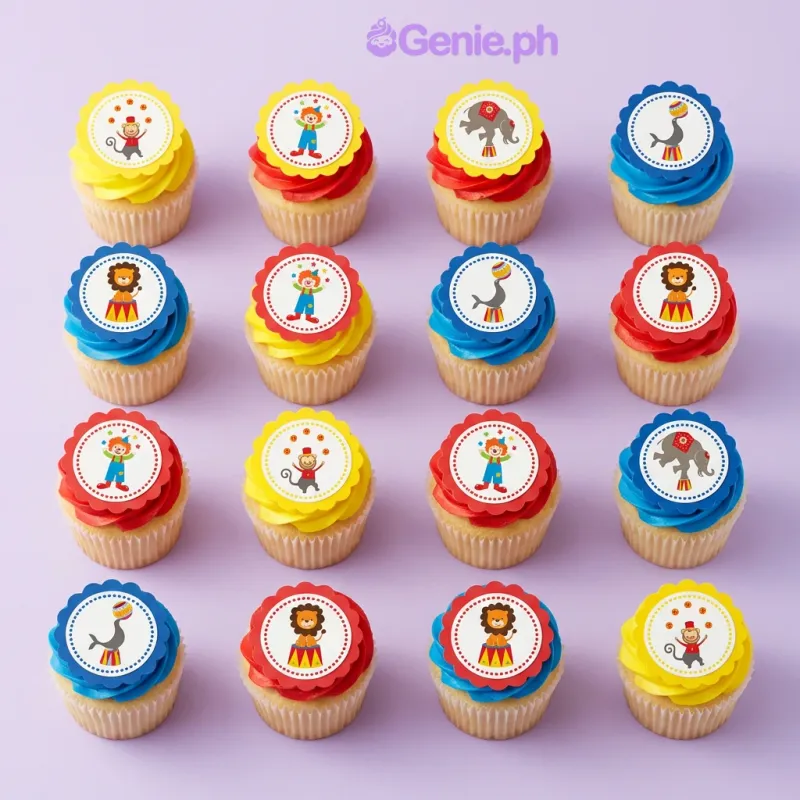 Circus themed cupcake tower with printed clown and animal toppers and red, blue, and yellow buttercream icing Circus themed cupcake tower with printed clown and animal toppers and red, blue, and yellow buttercream icing