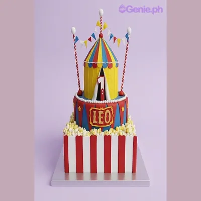 Circus themed 2-tier fondant cake with a tent topper and popcorn decorations Circus themed 2-tier fondant cake with a tent topper and popcorn decorations