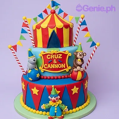 3-tier circus themed fondant cake with a tent topper, animal figures, and a name plaque 3-tier circus themed fondant cake with a tent topper, animal figures, and a name plaque