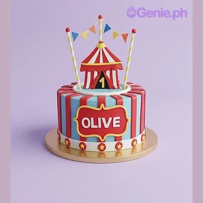Light blue and red striped circus themed 1-tier fondant cake with a tent topper and Olive name plaque Light blue and red striped circus themed 1-tier fondant cake with a tent topper and Olive name plaque