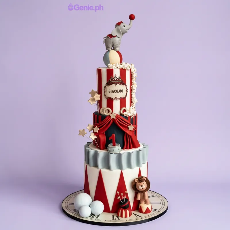 3-tier circus-themed fondant cake with elephant and lion figures, red curtains, and popcorn decorations 3-tier circus-themed fondant cake with elephant and lion figures, red curtains, and popcorn decorations