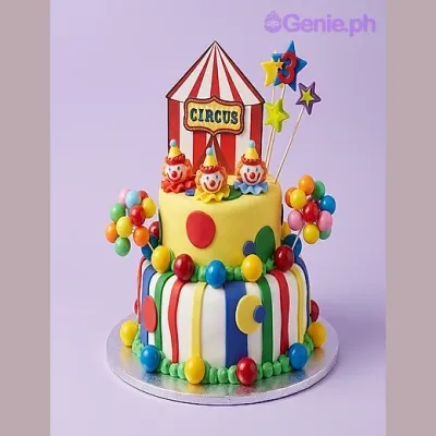 Yellow 2-tier fondant cake with circus tent printout and clown toppers Yellow 2-tier fondant cake with circus tent printout and clown toppers
