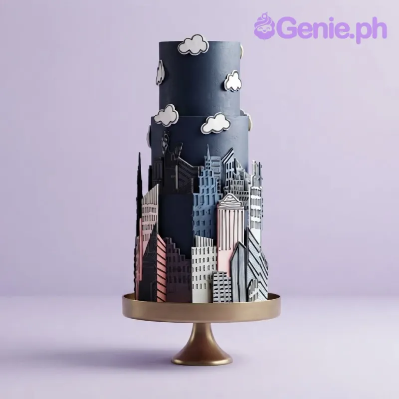 Navy blue 3-tier fondant cake with a cityscape skyline design, white fondant clouds, and smooth icing finish Navy blue 3-tier fondant cake with a cityscape skyline design, white fondant clouds, and smooth icing finish