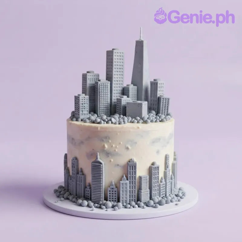 Soft ivory 1-tier cake with soft icing finish, city skyline theme, and grey fondant skyscraper toppers Soft ivory 1-tier cake with soft icing finish, city skyline theme, and grey fondant skyscraper toppers