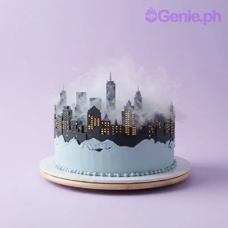 Sky blue 1-tier cake with soft icing, a black city skyline silhouette, and white edible smoke clouds Sky blue 1-tier cake with soft icing, a black city skyline silhouette, and white edible smoke clouds