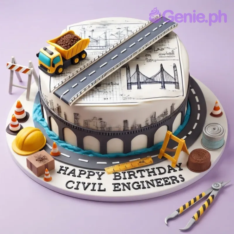 White 1 tier fondant civil engineer cake with an edible blueprint top, a toy dump truck, and construction toppers White 1 tier fondant civil engineer cake with an edible blueprint top, a toy dump truck, and construction toppers