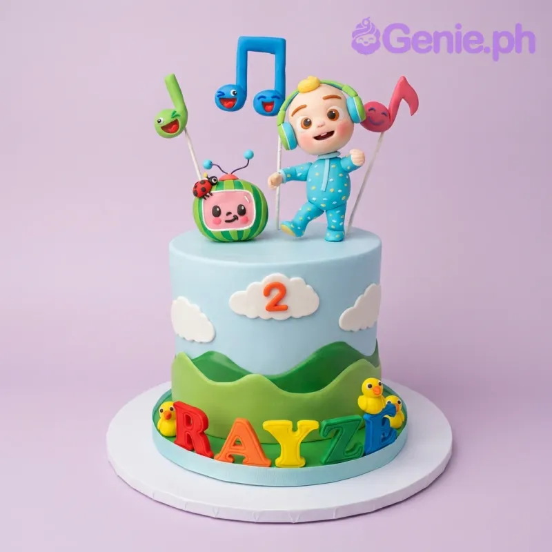 Cocomelon themed 1-tier light blue fondant cake with JJ figure, music notes, and a watermelon TV topper. Cocomelon themed 1-tier light blue fondant cake with JJ figure, music notes, and a watermelon TV topper.