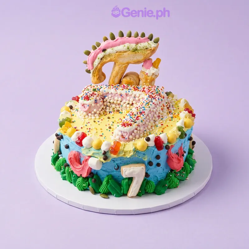 One tier cake with multicolor soft icing, a number seven dinosaur topper, colorful sprinkles, and small fondant shapes One tier cake with multicolor soft icing, a number seven dinosaur topper, colorful sprinkles, and small fondant shapes