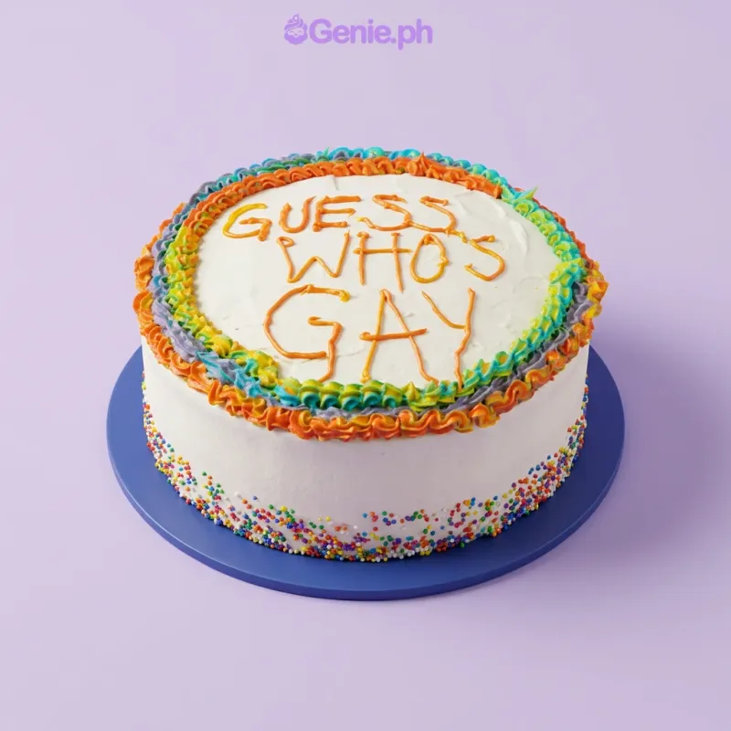 White round cake with colorful piped icing border and orange icing text reading GUESS WHO'S GAY White round cake with colorful piped icing border and orange icing text reading GUESS WHO'S GAY