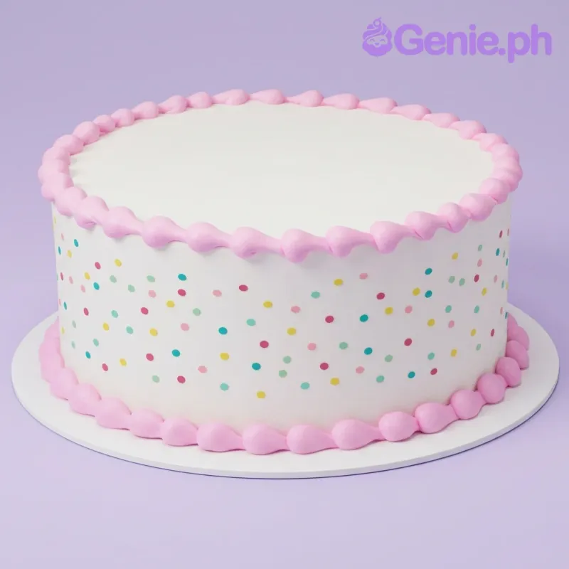 A white 1-tier cake themed around Confetti, featuring multi-colored confetti dots and pink piped shell borders. A white 1-tier cake themed around Confetti, featuring multi-colored confetti dots and pink piped shell borders.