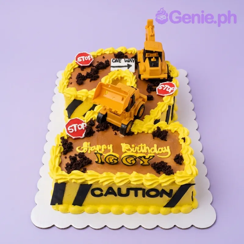 A yellow brown Rectangle Construction cake, with excavator toys, signs, chocolate soil, caution stripes. A yellow brown Rectangle Construction cake, with excavator toys, signs, chocolate soil, caution stripes.