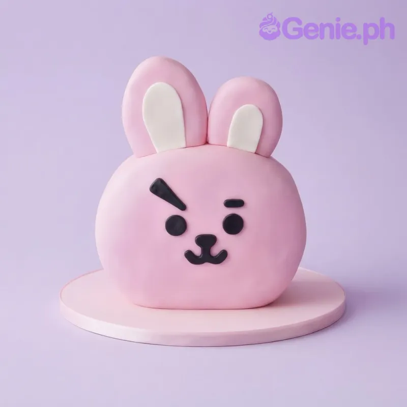 Pink character-shaped cake with bunny ears and facial features Pink character-shaped cake with bunny ears and facial features