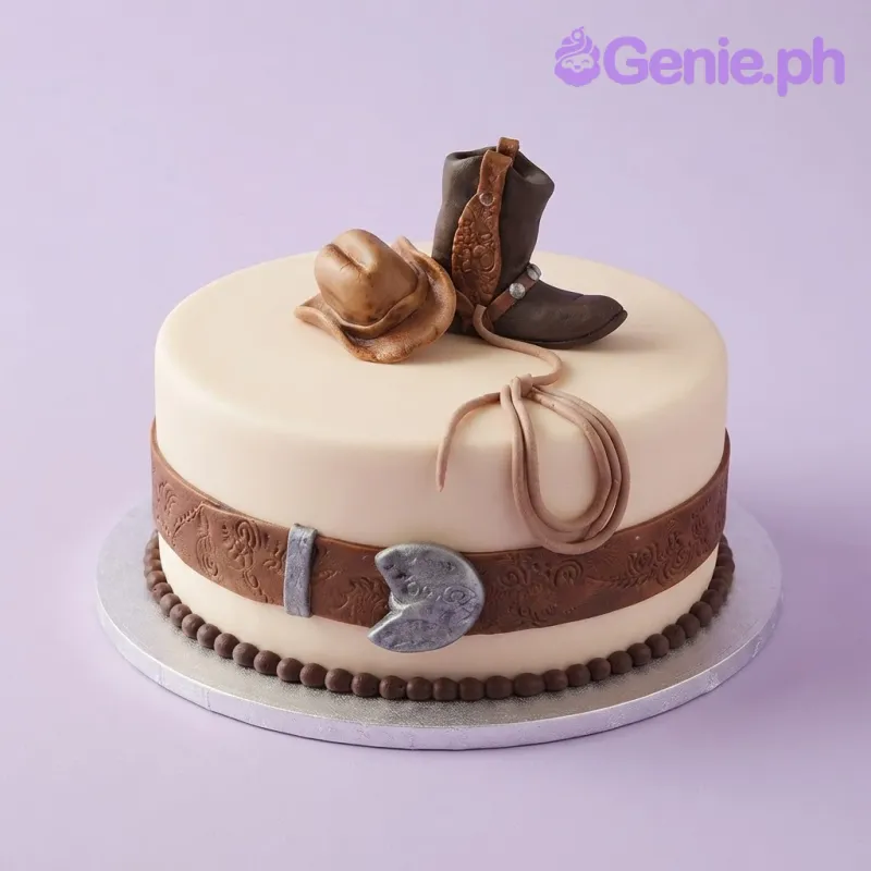 White 1 tier fondant cake featuring an edible cowboy hat and boot topper with a tooled leather belt side wrap White 1 tier fondant cake featuring an edible cowboy hat and boot topper with a tooled leather belt side wrap