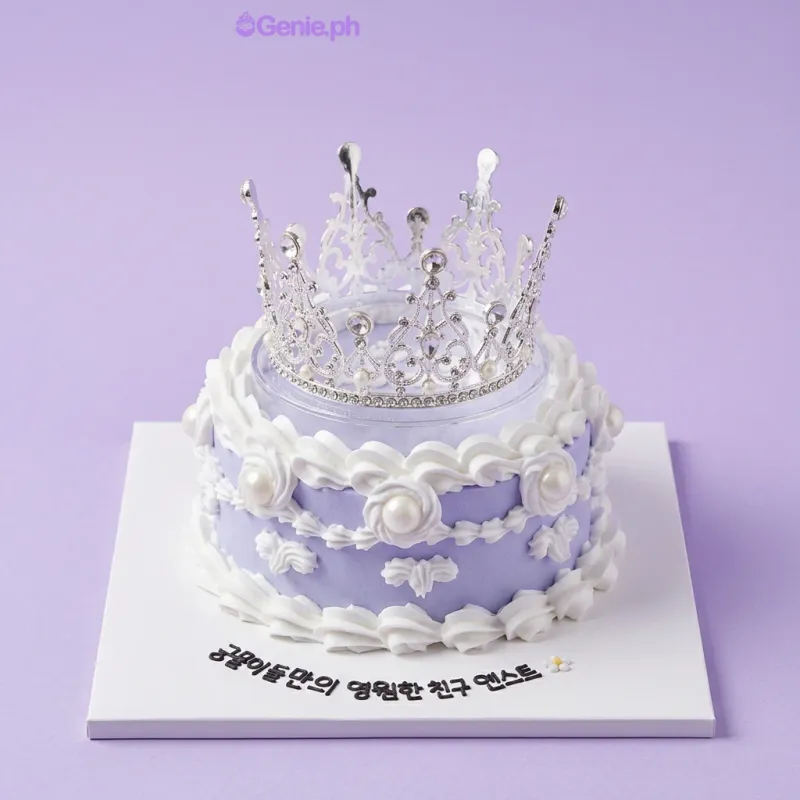 Light blue 1-tier cake with a silver crown topper and white piped borders Light blue 1-tier cake with a silver crown topper and white piped borders