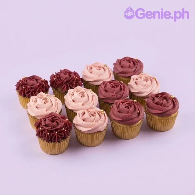 Pink and maroon cupcake set with soft icing, Cupcake Roses theme, and piped buttercream rose toppers Pink and maroon cupcake set with soft icing, Cupcake Roses theme, and piped buttercream rose toppers