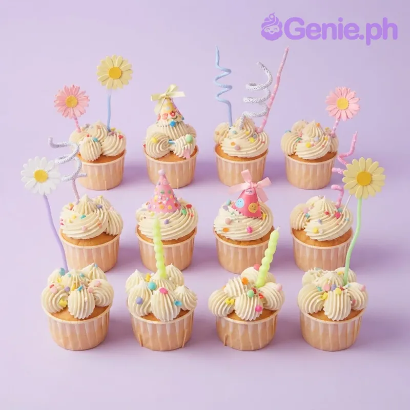 A cupcake tower with white icing, colorful sprinkles, daisy printout toppers, spiral candles, and a small pink satin bow A cupcake tower with white icing, colorful sprinkles, daisy printout toppers, spiral candles, and a small pink satin bow