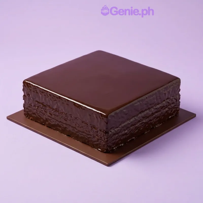 Square cake with brown soft icing and drip, silver offset spatula decoration Square cake with brown soft icing and drip, silver offset spatula decoration