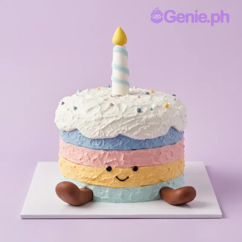 Cute Birthday cake design — 1 layer soft icing cake in white and light blue — with spiral birthday candle, brown fondant feet, piped face, and colorful sprinkles Cute Birthday cake design — 1 layer soft icing cake in white and light blue — with spiral birthday candle, brown fondant feet, piped face, and colorful sprinkles