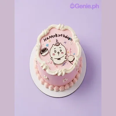 Pink 1-tier birthday cake with a cute character printout and piped icing stars Pink 1-tier birthday cake with a cute character printout and piped icing stars
