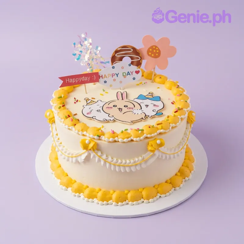 Yellow 1-tier birthday cake with cute character printout topper and donut decoration Yellow 1-tier birthday cake with cute character printout topper and donut decoration